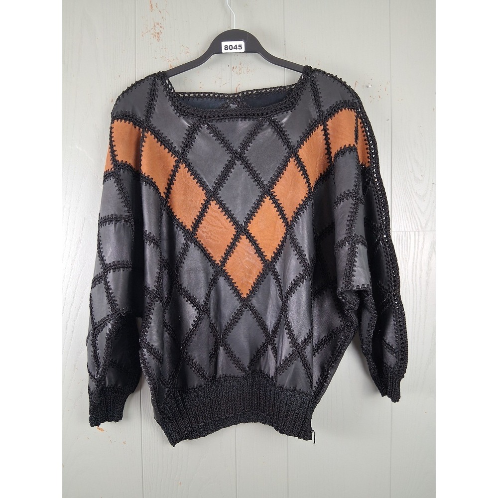 Vintage 70s Leather Argyle Crochet Top‎ Womens OS Whimsigoth Patchwork Harlequin